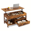 Rustic wood lift-top coffee table with hidden storage and black metal frame
