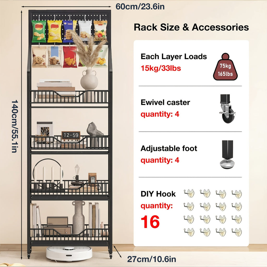 3/4/5 Tier Retail Display Rack Metal Snack Display Stand w/ Hooks & Wheels