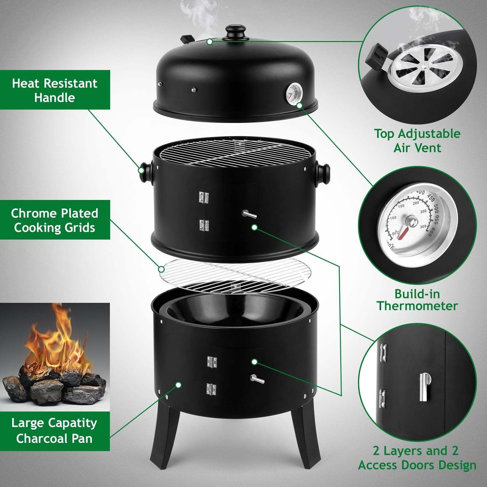 3-in-1 Portable Charcoal Smoker Grill and Outdoor BBQ Fire Pit