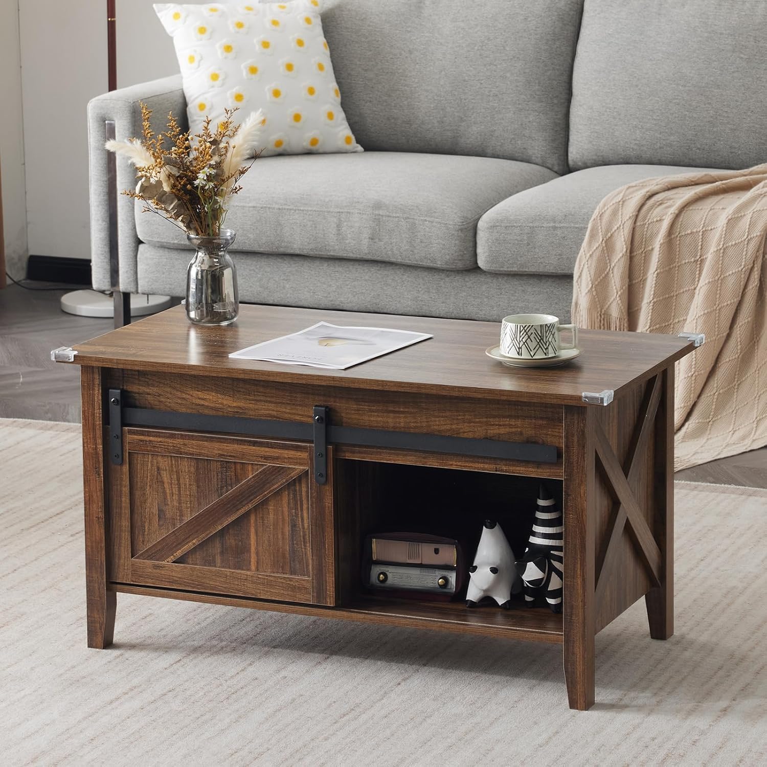 36-Inch Lift-Top Coffee Table with Hidden Storage and Sliding Barn