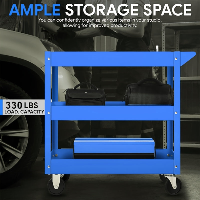 3-Tier Rolling Tool Cart, Industrial Steel Utility Storage