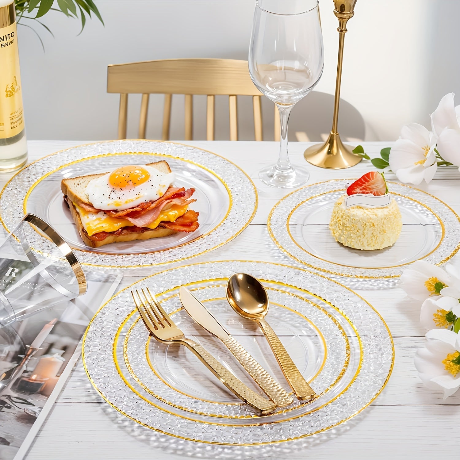 50PCS Clear Plastic Dinnerware Set with Gold Accents for Parties