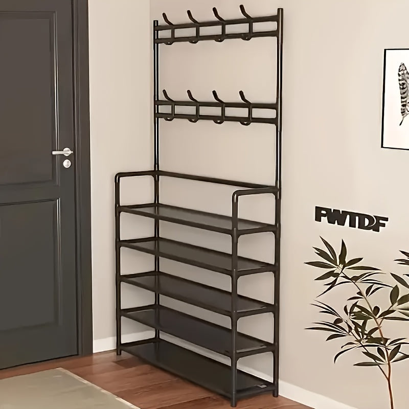 2-in-1 Entryway organizer featuring a 5-tier shoe rack and coat hooks for space-saving home storage