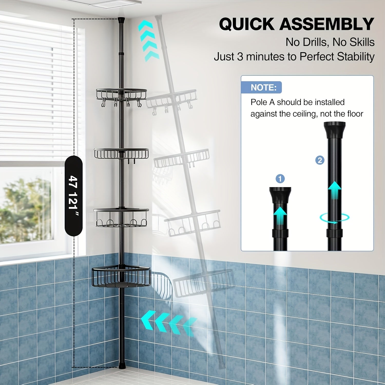 4-Tier Adjustable Corner Shower Organizer Rack in Black