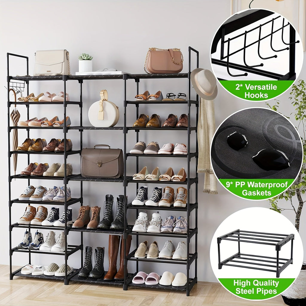 Multi-Layer Shoe Rack Organizer with Hooks - Large Capacity Shelf