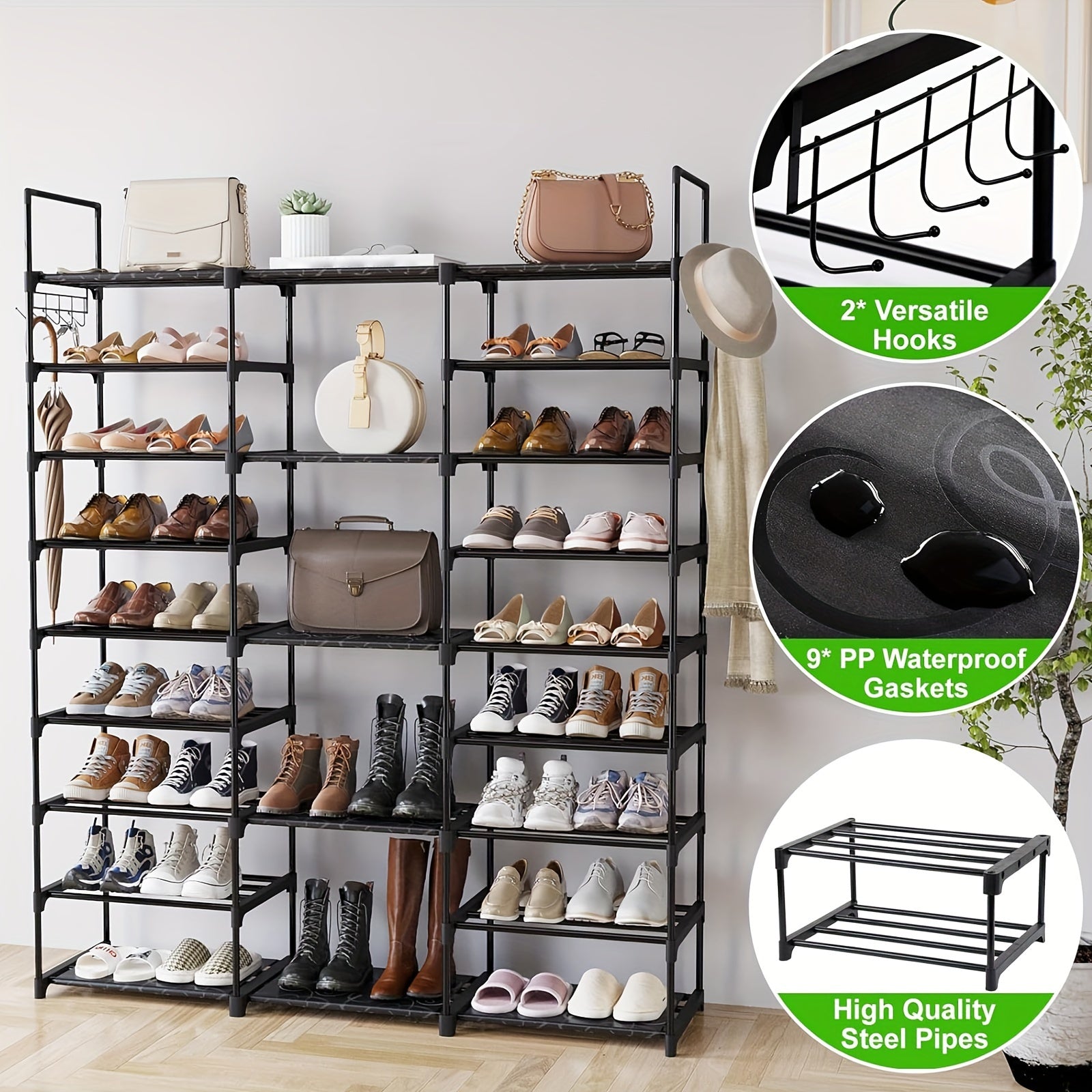 Multi-Layer Shoe Rack Organizer with Hooks - Large Capacity Shelf