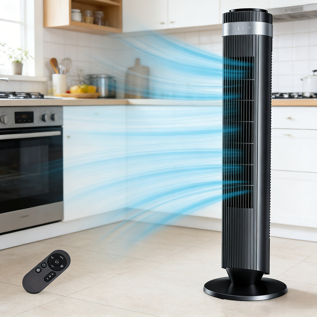 Sleek white bladeless tower fan for nursery cooling with remote control