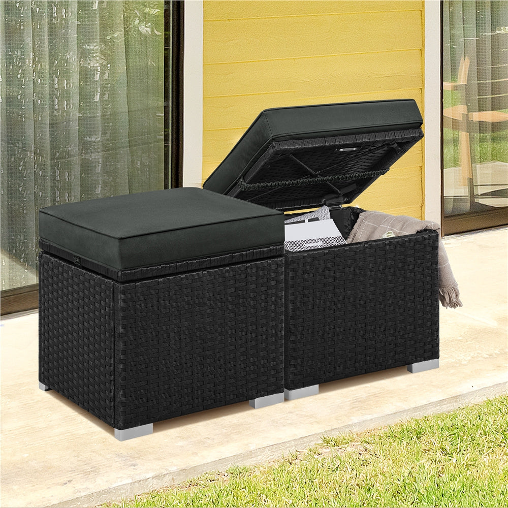 2-Piece Rattan Storage Ottoman Set with Cushions for Patio Garden
