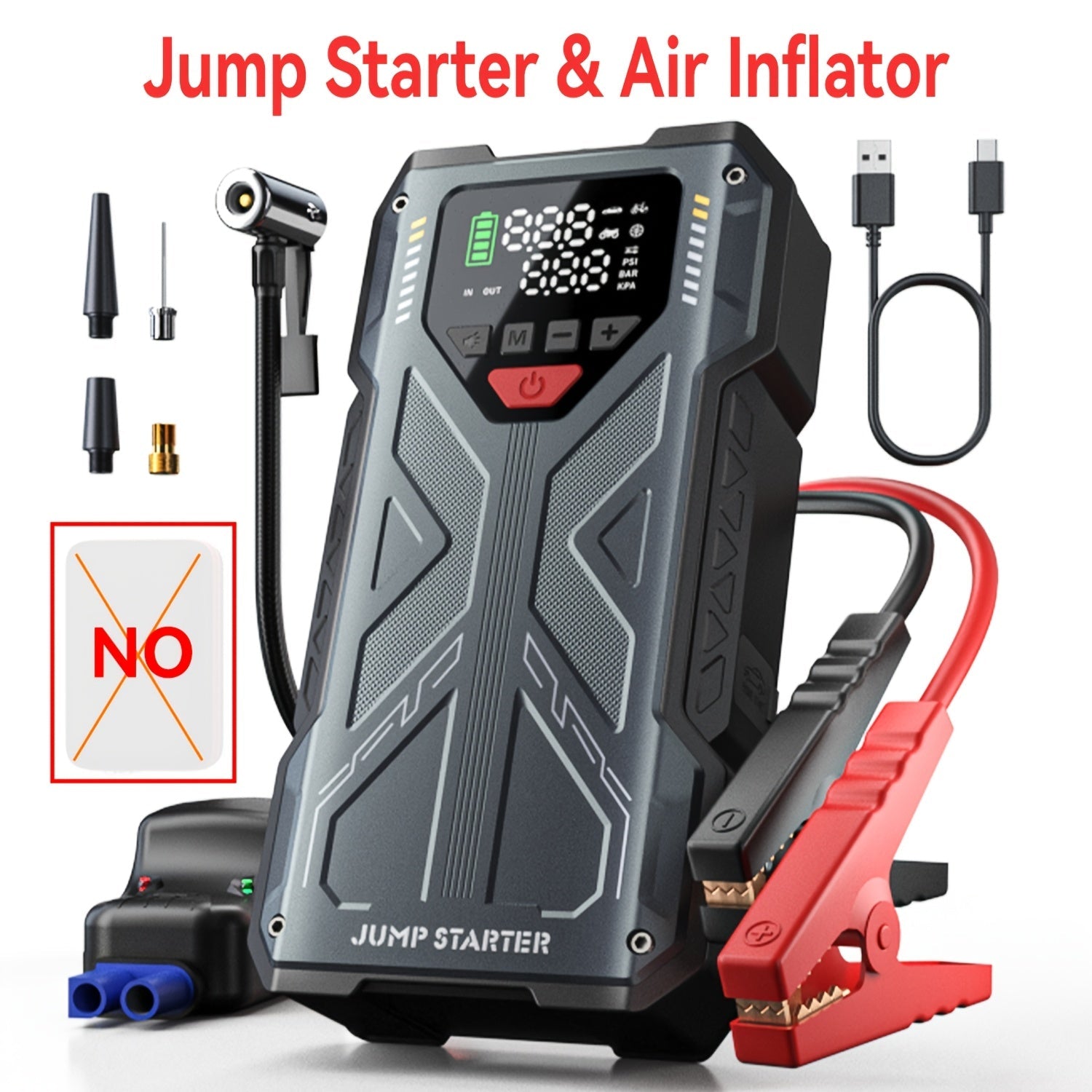 9-in-1 Portable Jump Starter and Air Compressor for 12V Vehicles