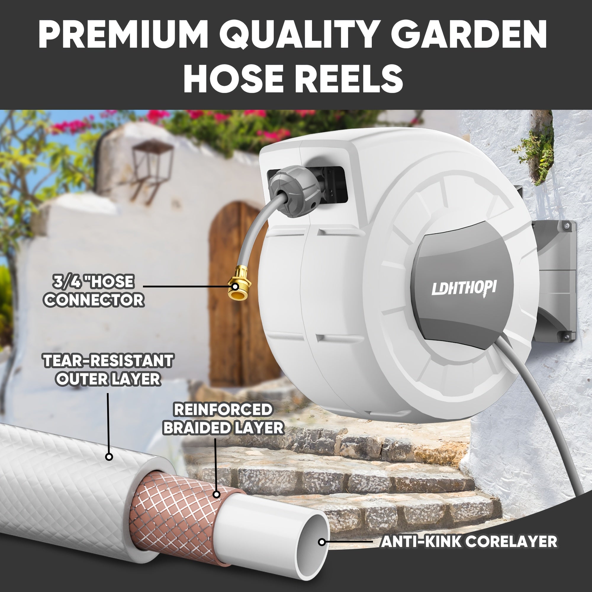 Retractable Garden Hose Reel with Auto Rewind Wall Mounted System