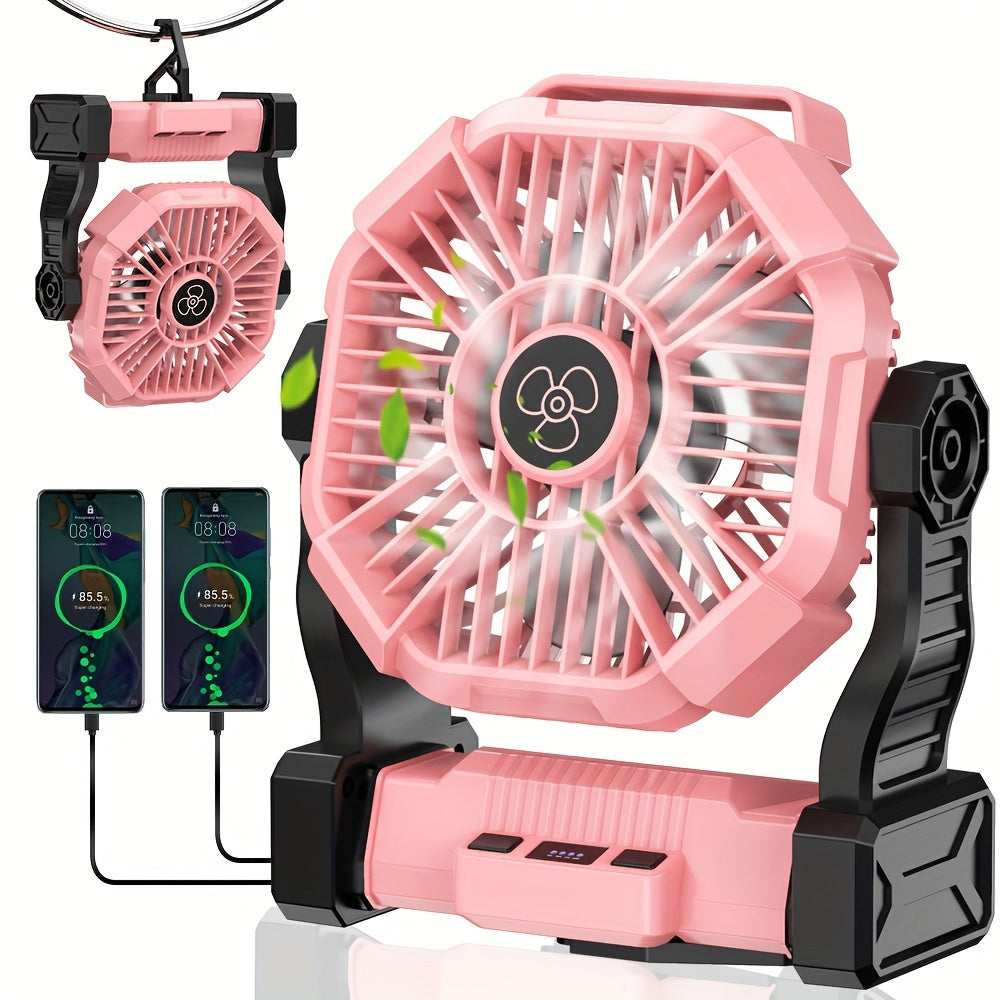 A portable 3-in-1 rechargeable oscillating camping fan with an integrated LED lantern in a vibrant color finish.