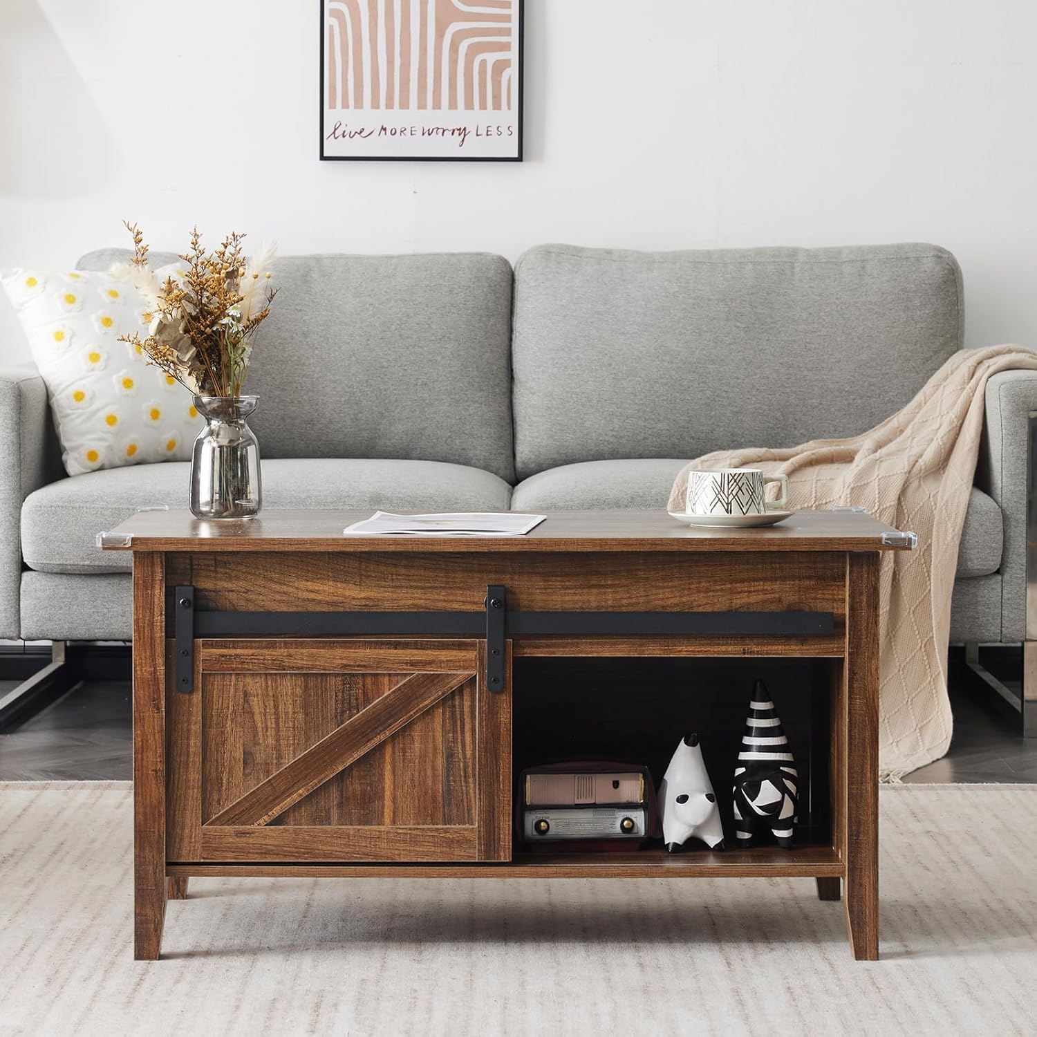 36-Inch Lift-Top Coffee Table with Hidden Storage and Sliding Barn