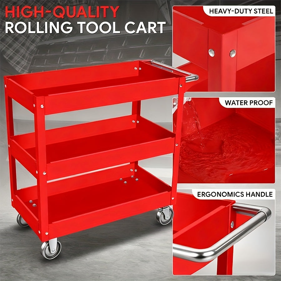 3-Tier Rolling Tool Cart, Industrial Steel Utility Storage