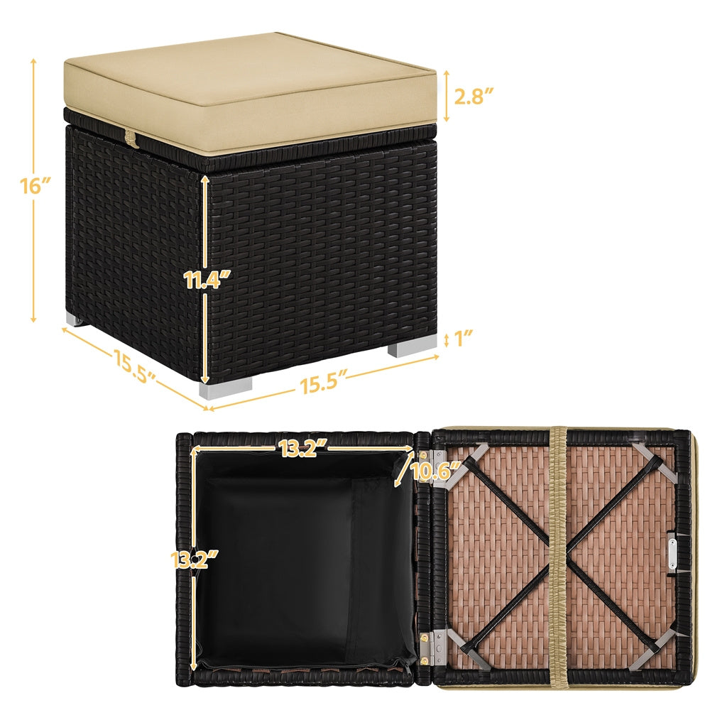 2-Piece Rattan Storage Ottoman Set with Cushions for Patio Garden