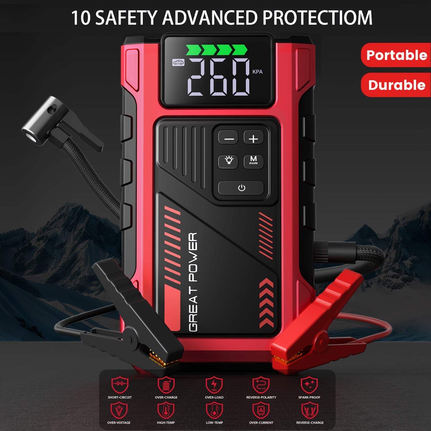 9-in-1 Portable Jump Starter and Air Compressor for 12V Vehicles