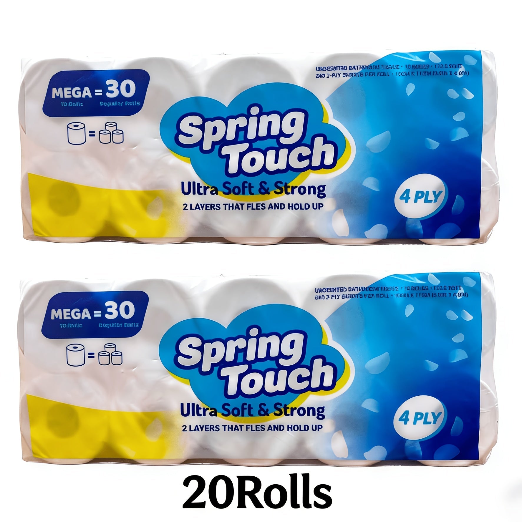 Stacks of Spring Touch 4-Ply Ultra Soft and Strong Toilet Paper rolls