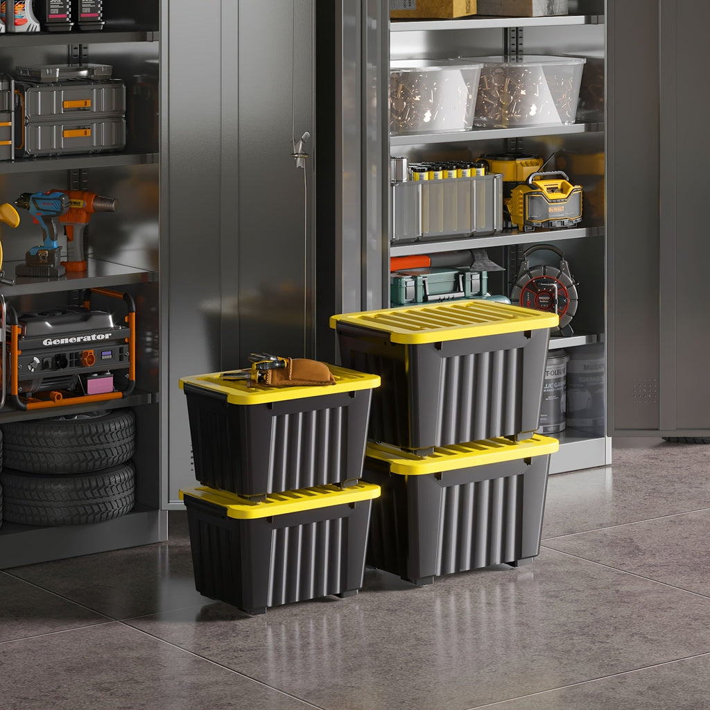 Heavy duty stackable storage bin with wheels and lid in a garage setting