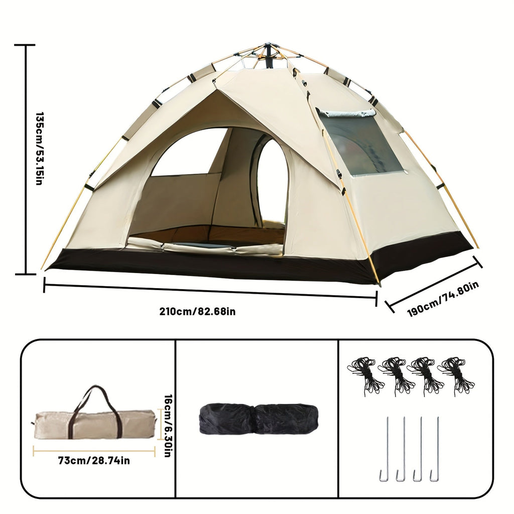 3-4 person instant pop up camping tent with waterproof material set up in an outdoor campsite