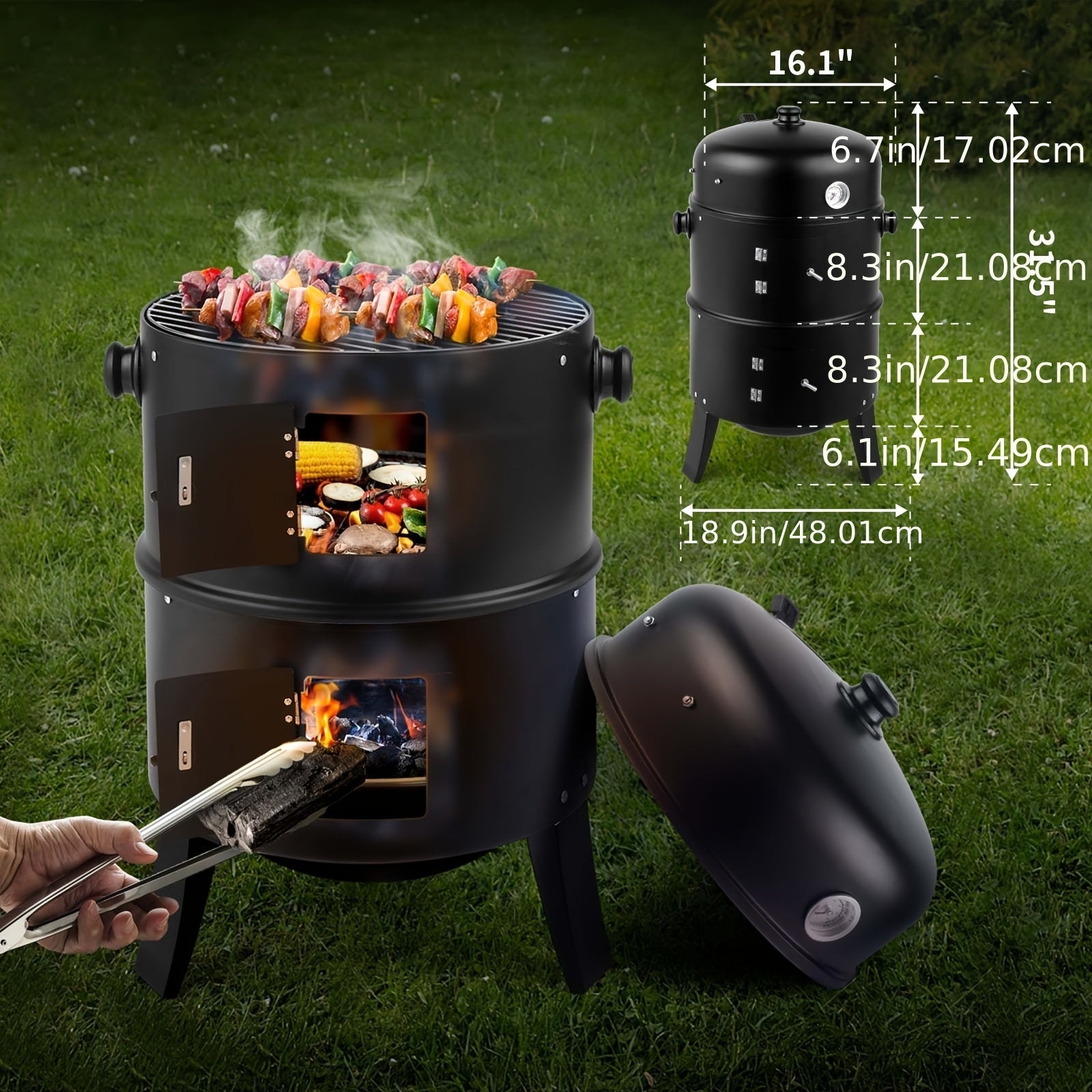 3-in-1 Portable Charcoal Smoker Grill and Outdoor BBQ Fire Pit