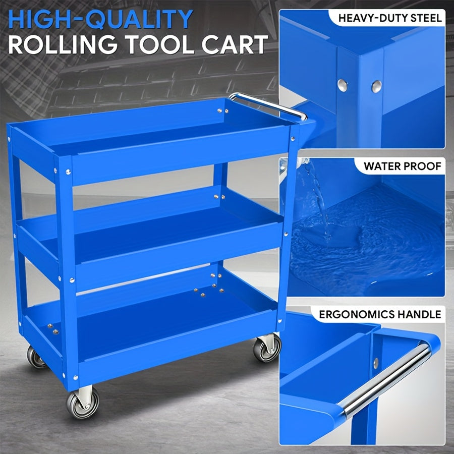 3-Tier Rolling Tool Cart, Industrial Steel Utility Storage