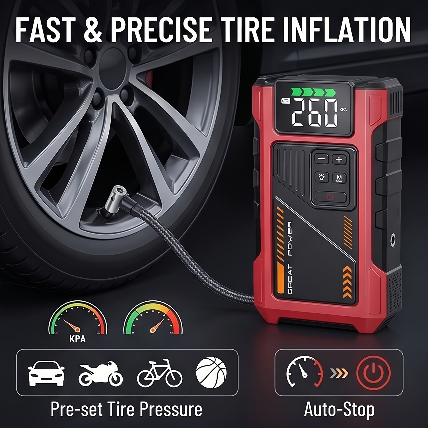 9-in-1 Portable Jump Starter and Air Compressor for 12V Vehicles