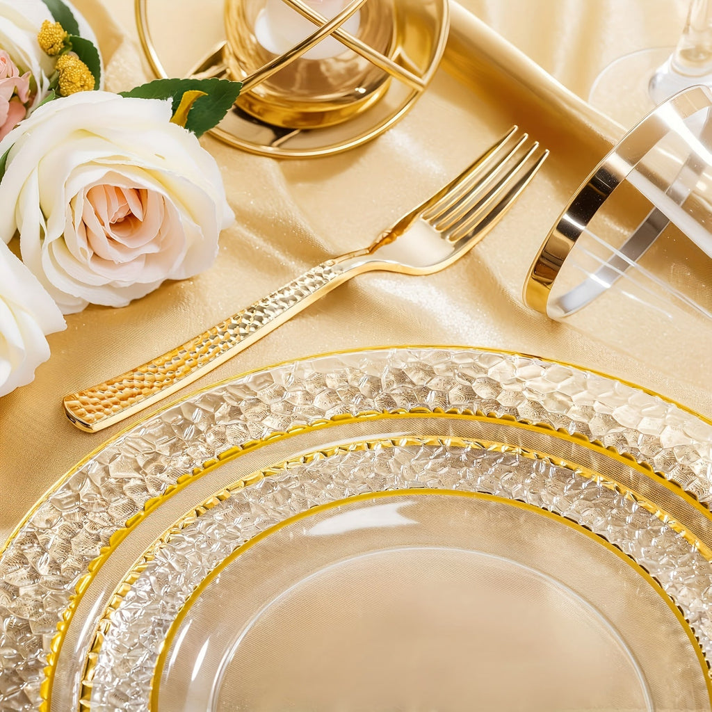 50PCS Clear Plastic Dinnerware Set with Gold Accents for Parties