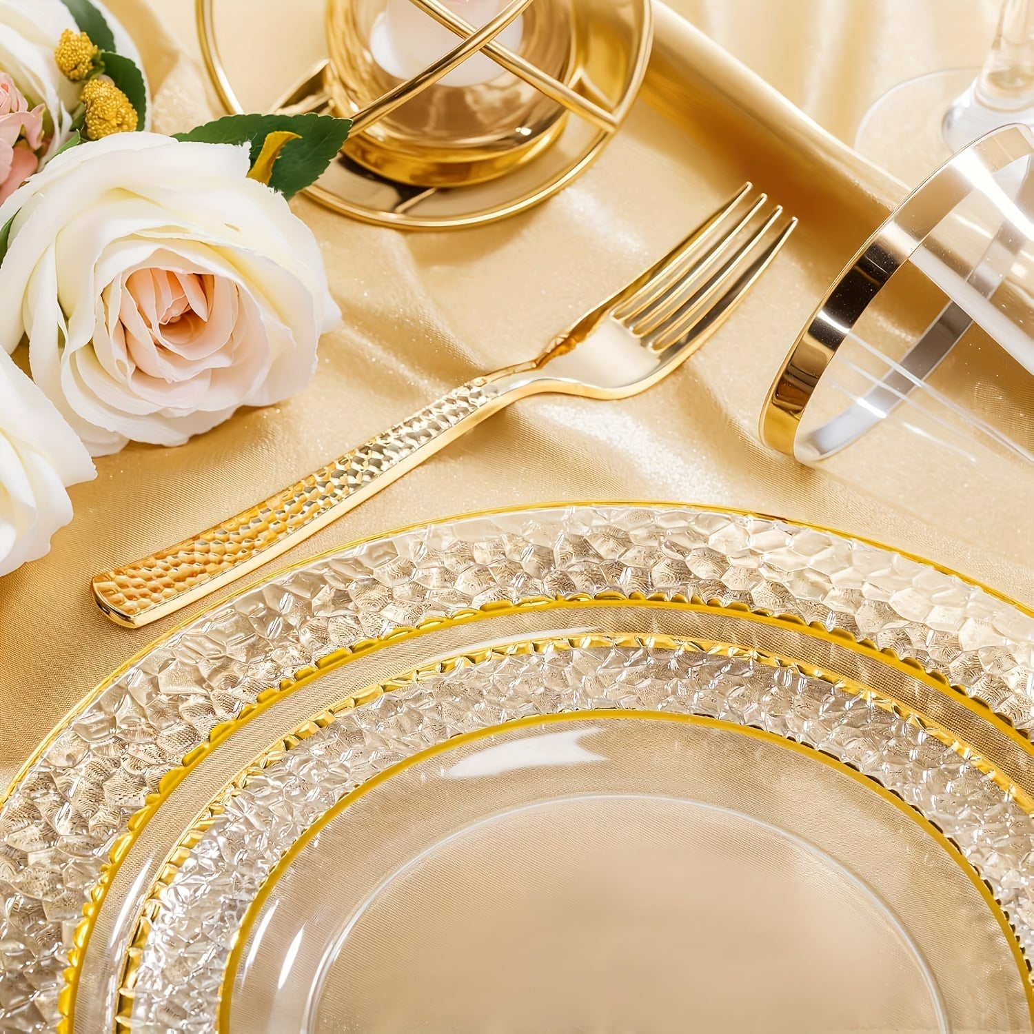 50PCS Clear Plastic Dinnerware Set with Gold Accents for Parties