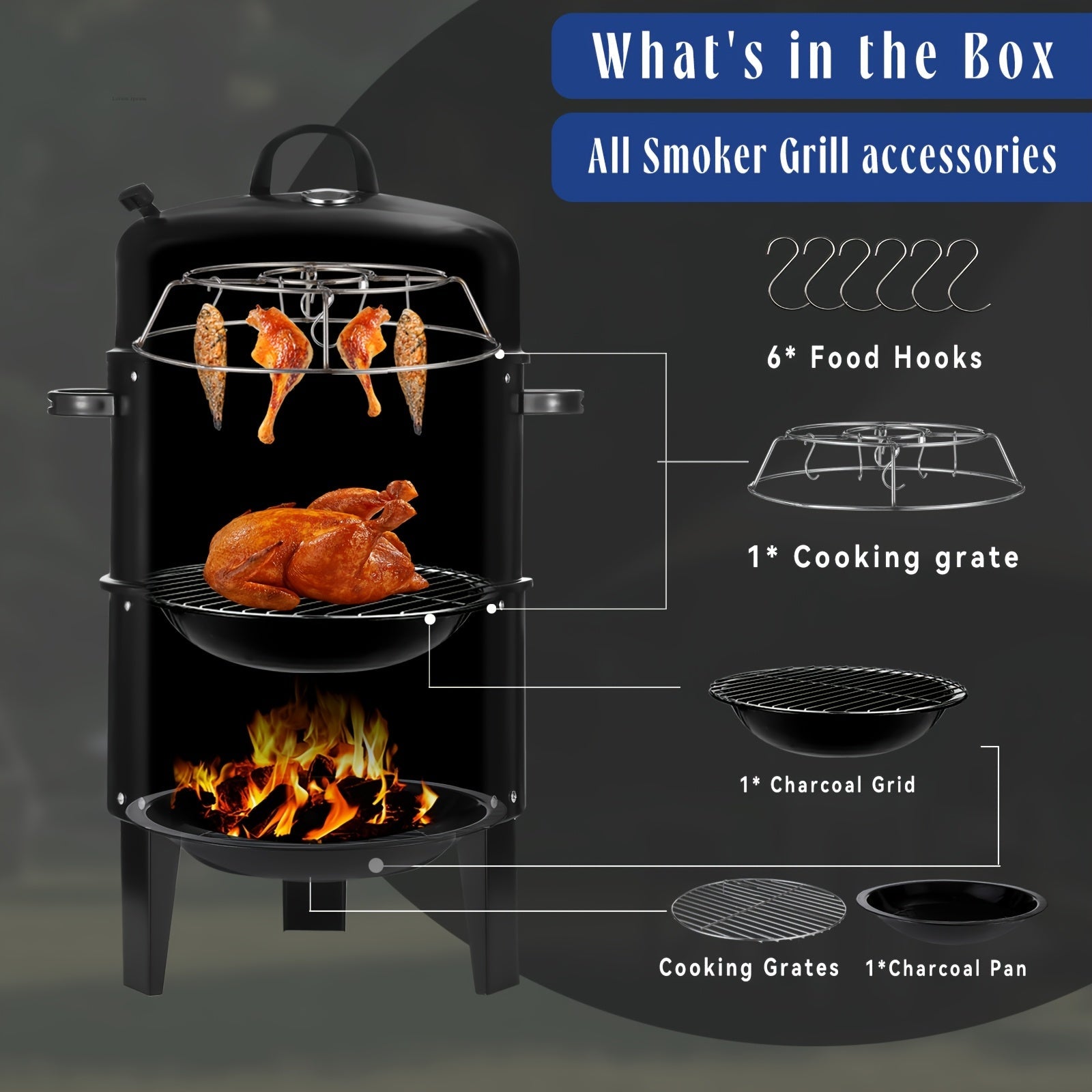 3-in-1 Portable Charcoal Smoker Grill and Outdoor BBQ Fire Pit
