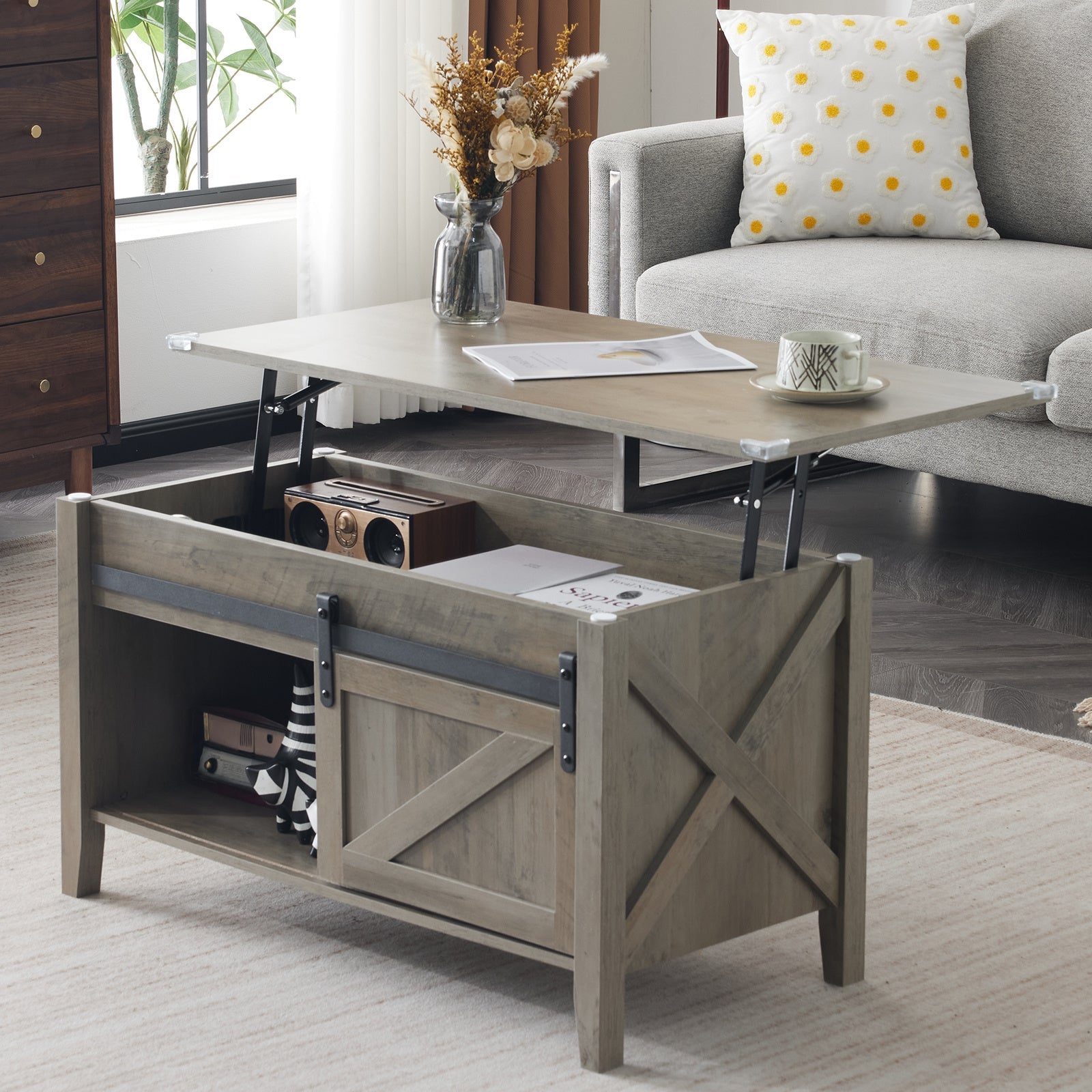 36-inch rustic farmhouse lift-top coffee table in white and grey with sliding barn storage feature.