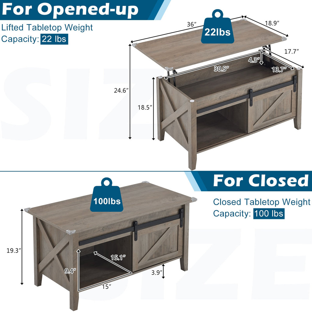 36-Inch Lift-Top Coffee Table with Hidden Storage and Sliding Barn