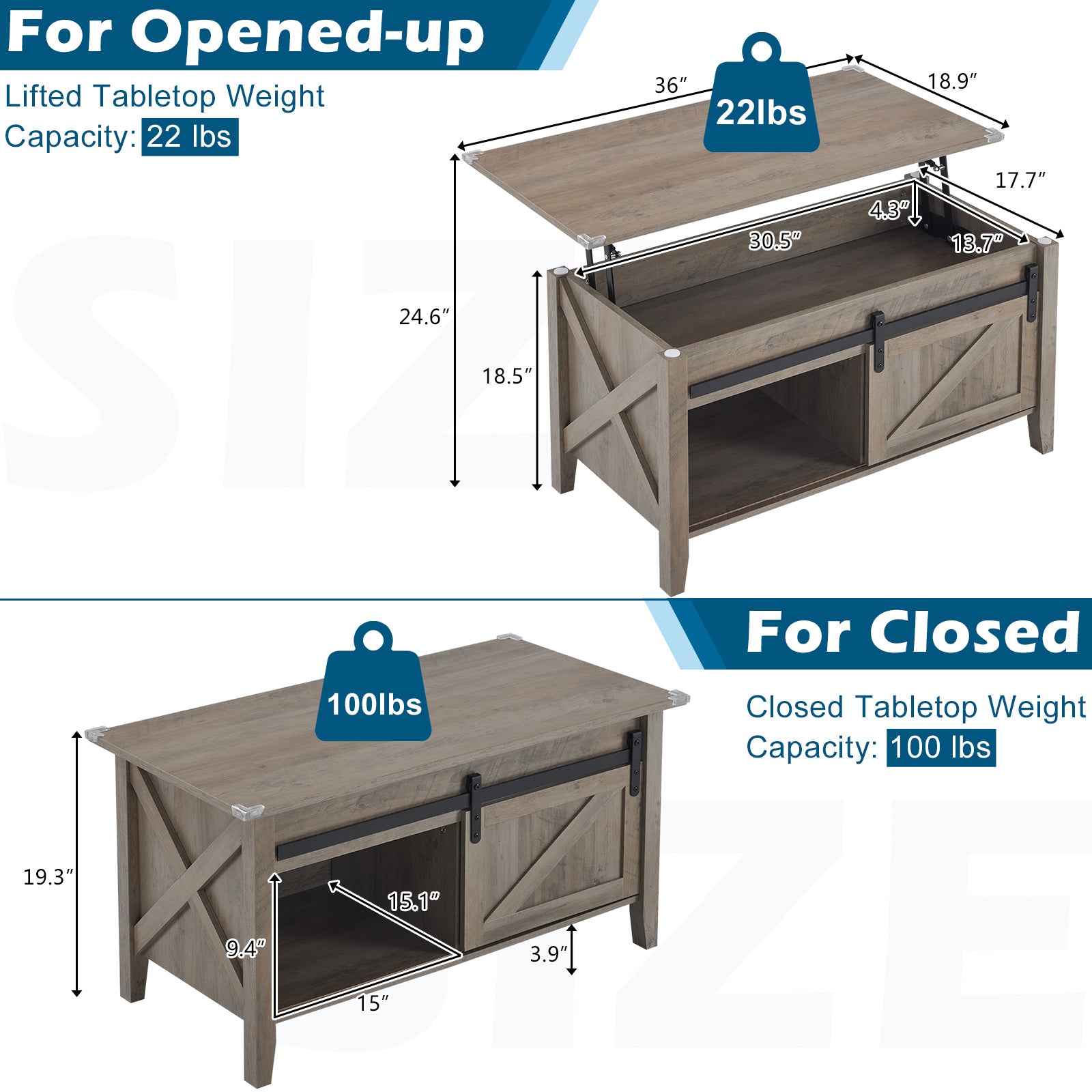 36-Inch Lift-Top Coffee Table with Hidden Storage and Sliding Barn