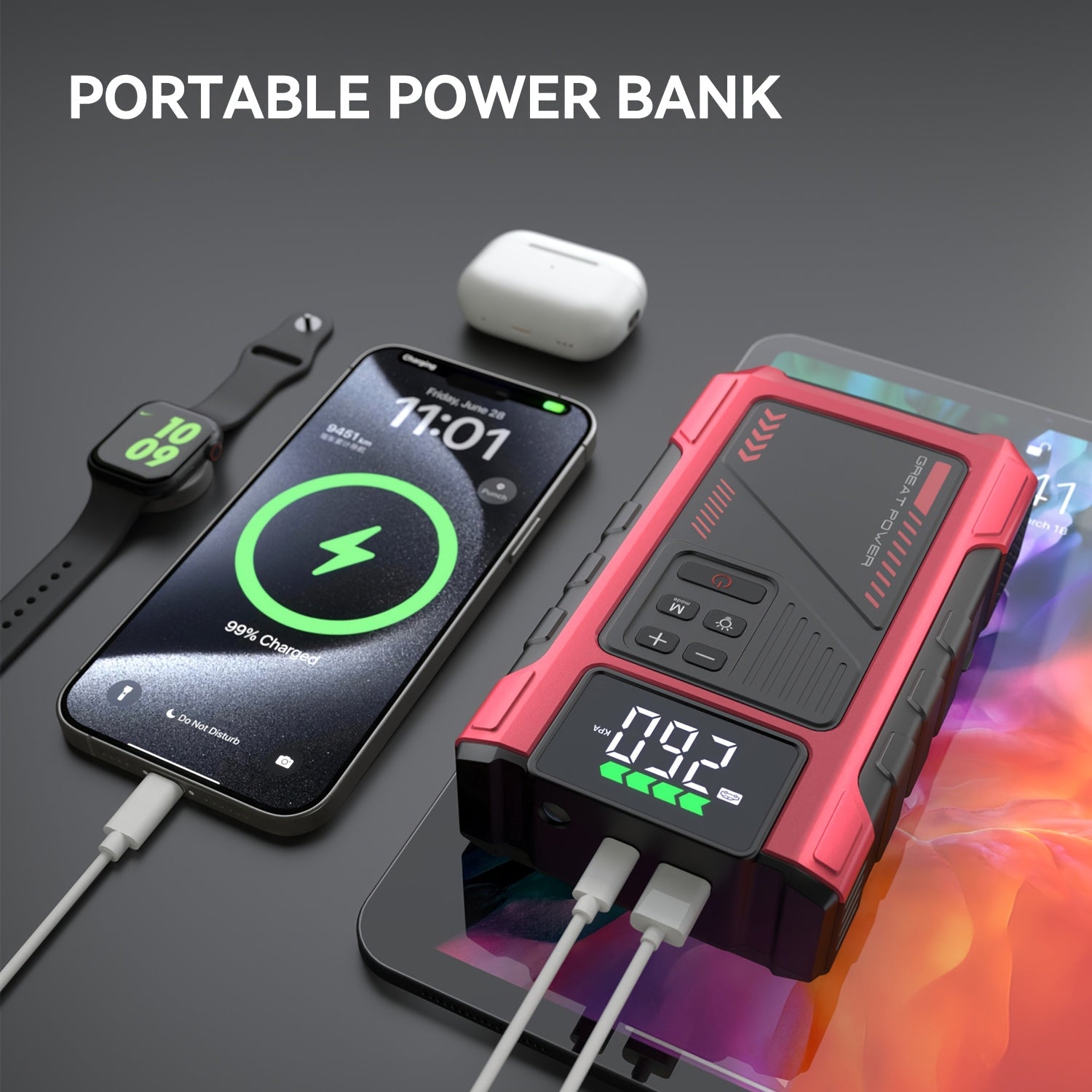 9-in-1 Portable Jump Starter and Air Compressor for 12V Vehicles