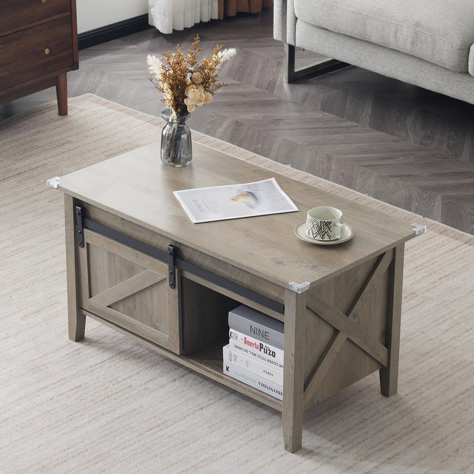 36-Inch Lift-Top Coffee Table with Hidden Storage and Sliding Barn