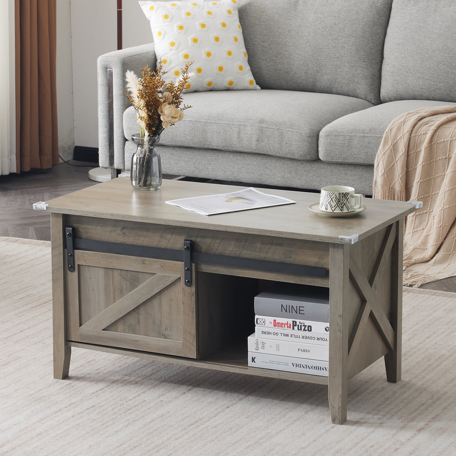 36-Inch Lift-Top Coffee Table with Hidden Storage and Sliding Barn