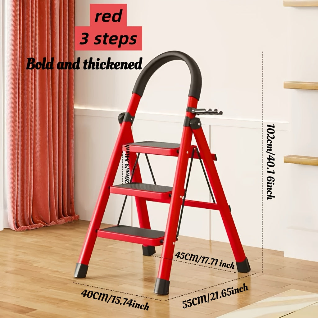Heavy-duty folding step ladder in red and black with non-slip treads and safety locking mechanism