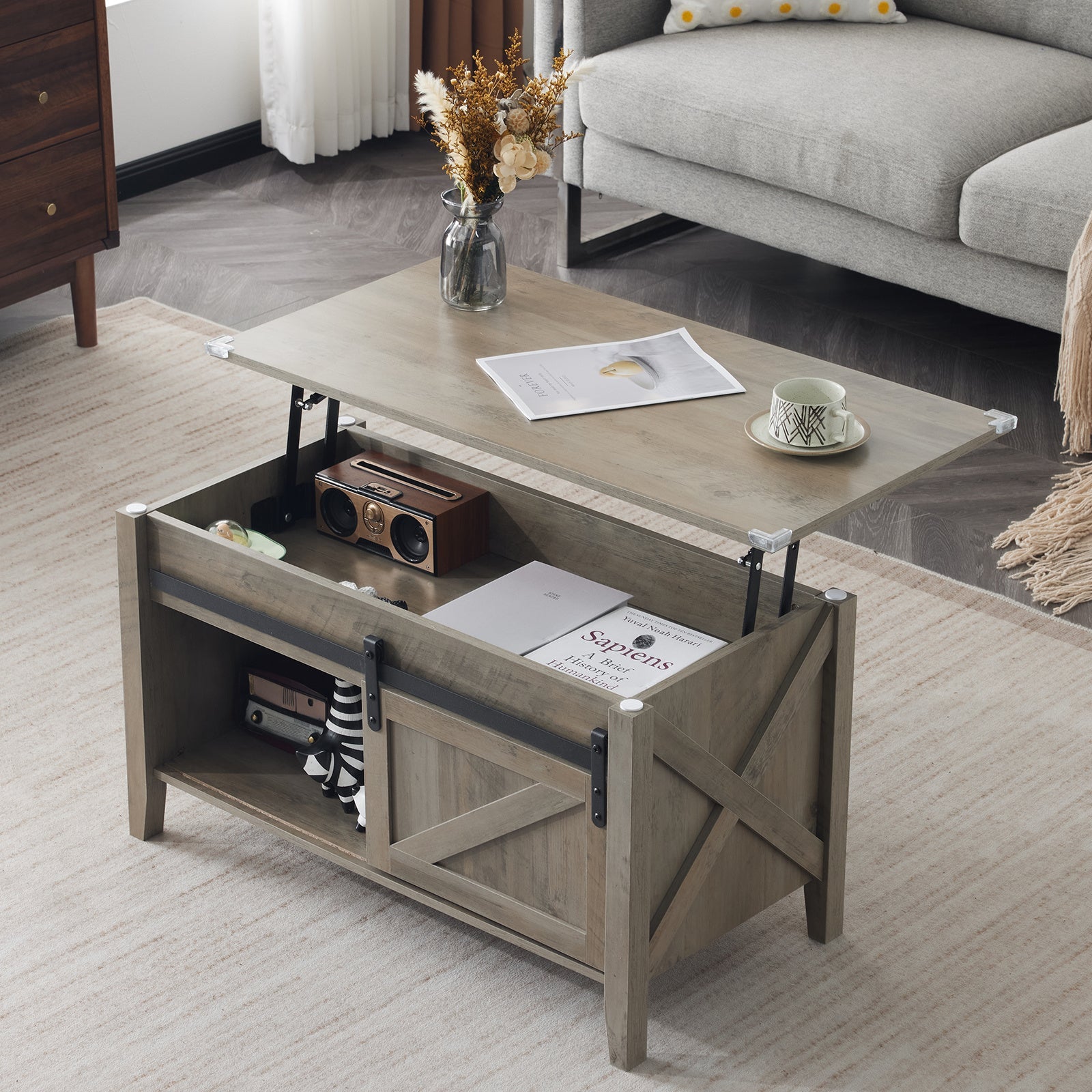 36-Inch Lift-Top Coffee Table with Hidden Storage and Sliding Barn