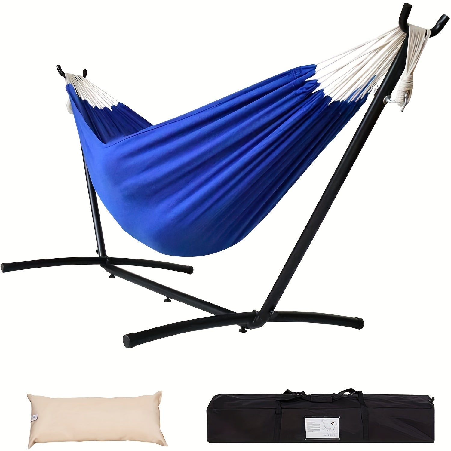 Blue double hammock with a black steel stand set up in a backyard setting.