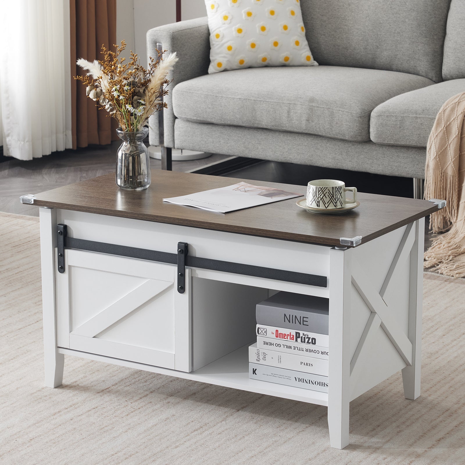 36-Inch Lift-Top Coffee Table with Hidden Storage and Sliding Barn