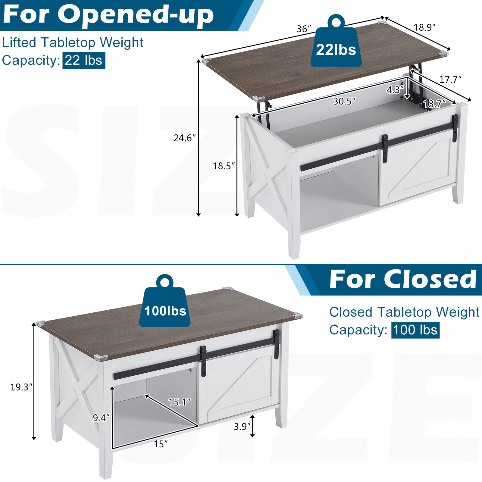 36-Inch Lift-Top Coffee Table with Hidden Storage and Sliding Barn