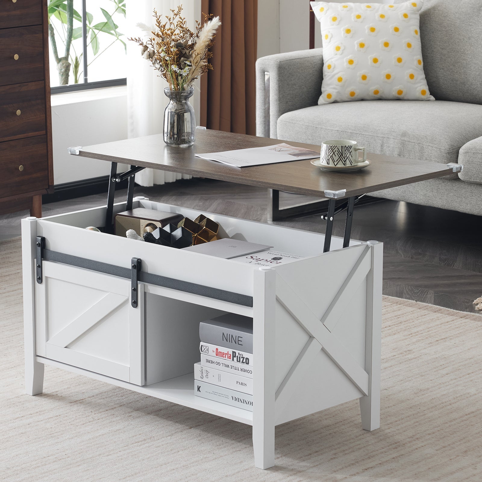36-Inch Lift-Top Coffee Table with Hidden Storage and Sliding Barn