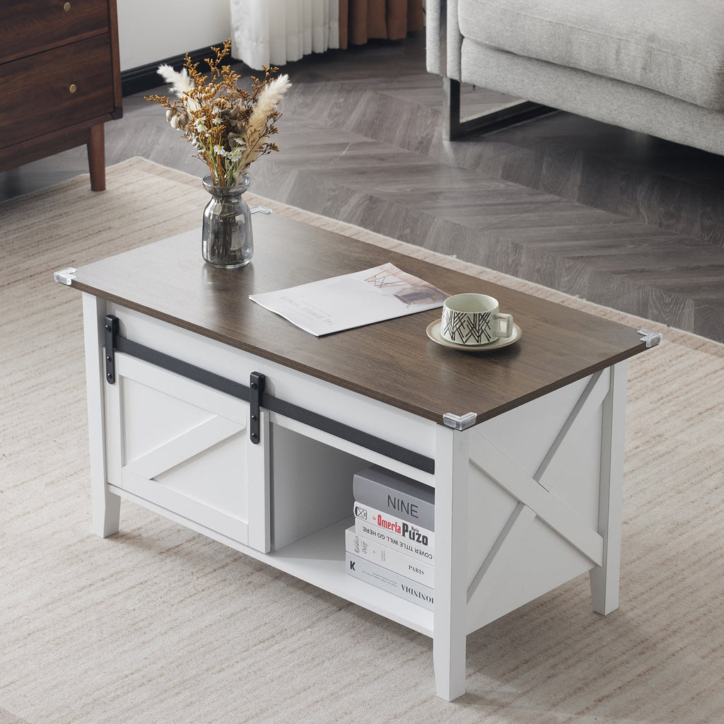 36-Inch Lift-Top Coffee Table with Hidden Storage and Sliding Barn