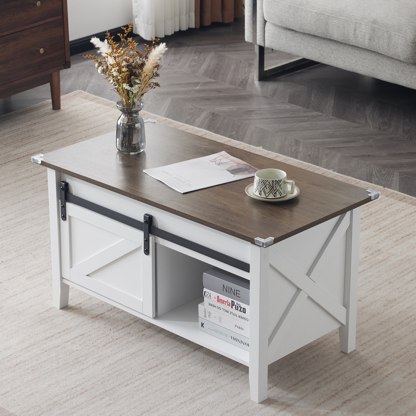 36-Inch Lift-Top Coffee Table with Hidden Storage and Sliding Barn