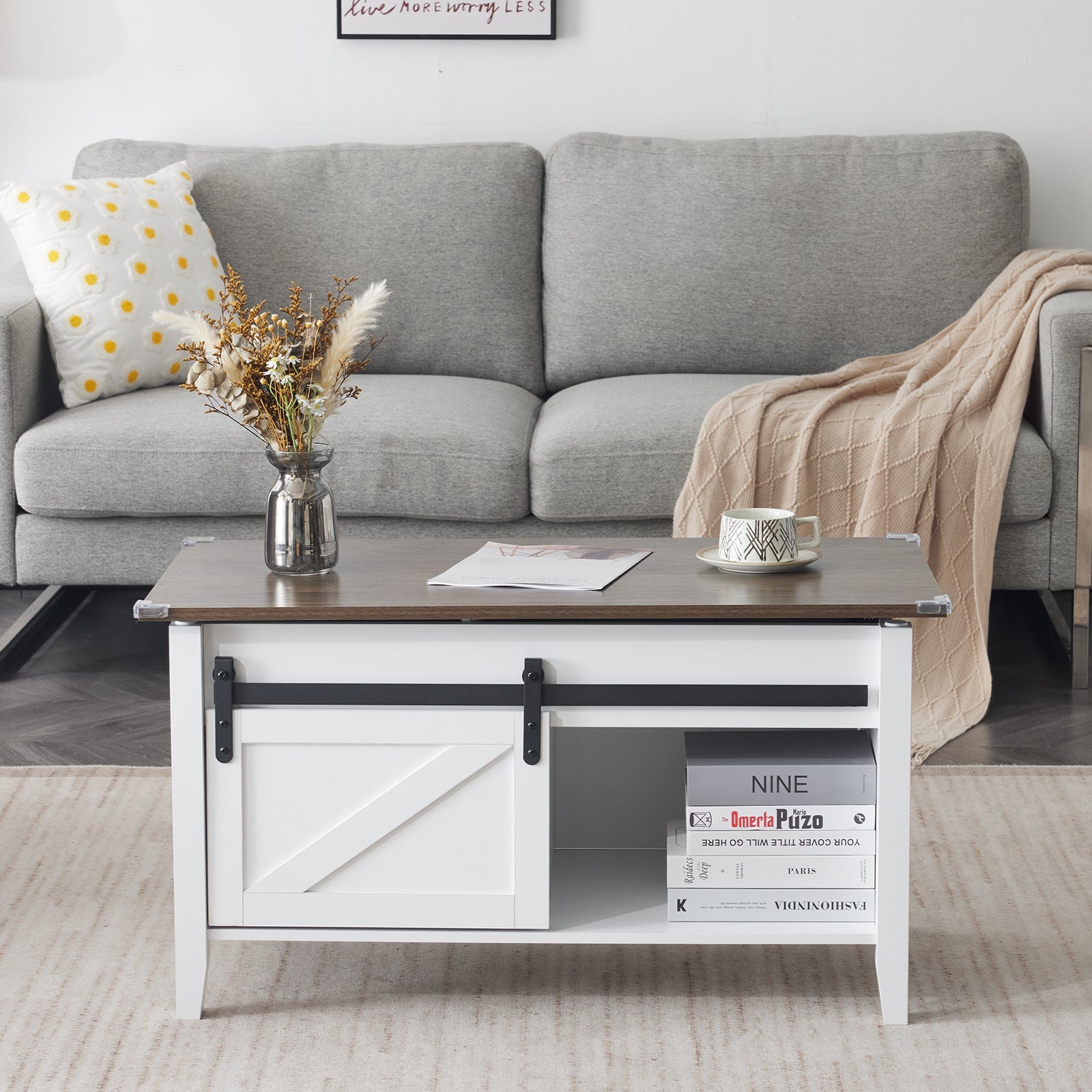 36-Inch Lift-Top Coffee Table with Hidden Storage and Sliding Barn