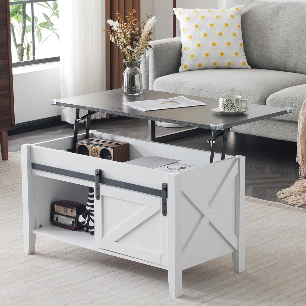 36-Inch Lift-Top Coffee Table with Hidden Storage and Sliding Barn