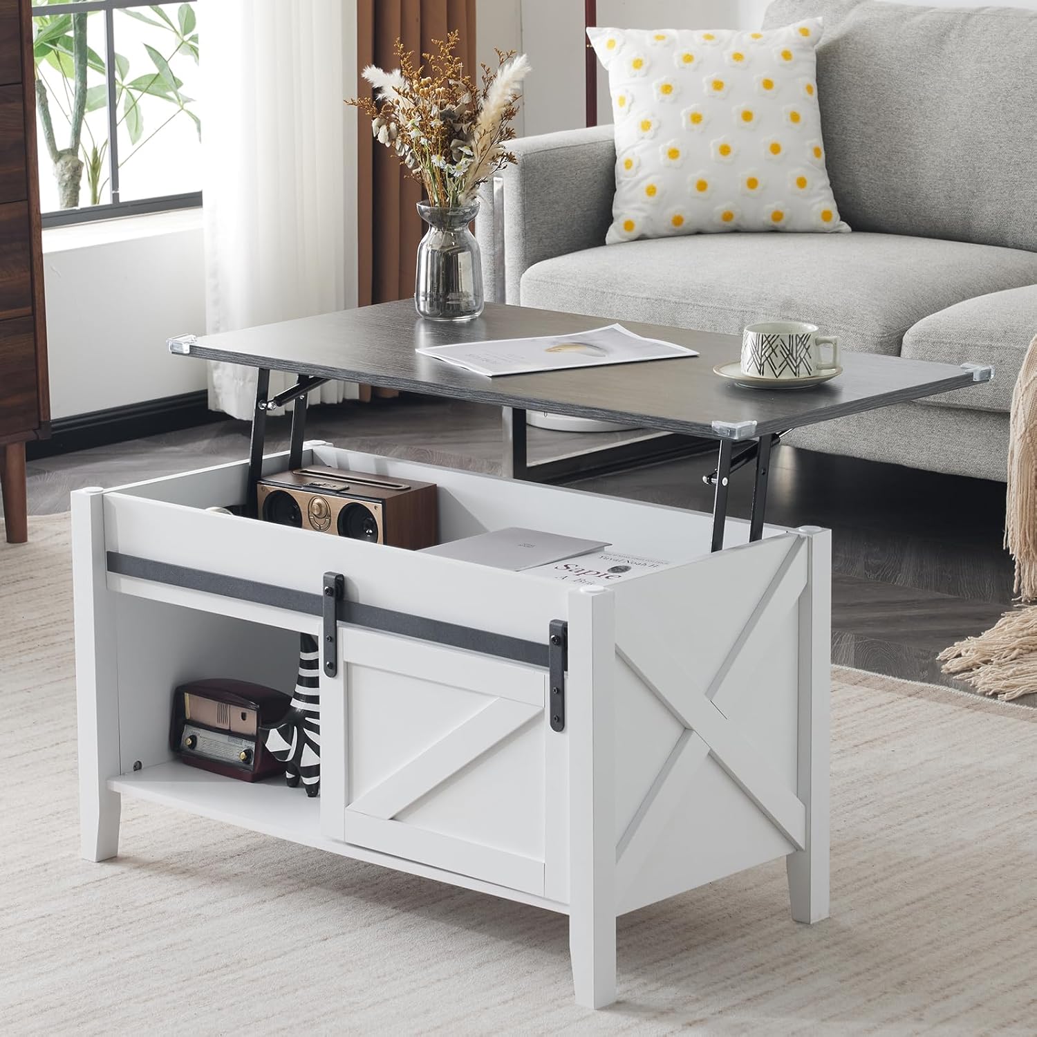 36-Inch Lift-Top Coffee Table with Hidden Storage and Sliding Barn
