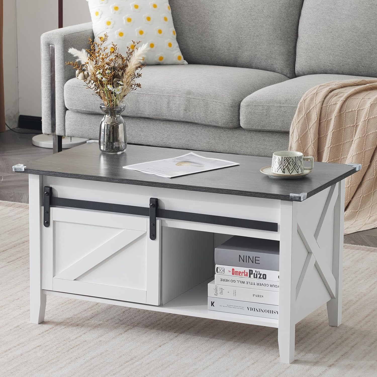 36-Inch Lift-Top Coffee Table with Hidden Storage and Sliding Barn