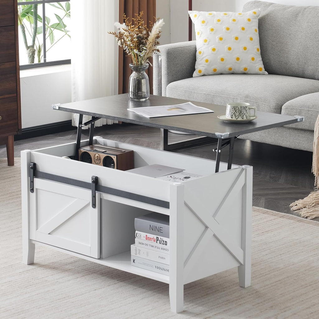 36-Inch Lift-Top Coffee Table with Hidden Storage and Sliding Barn