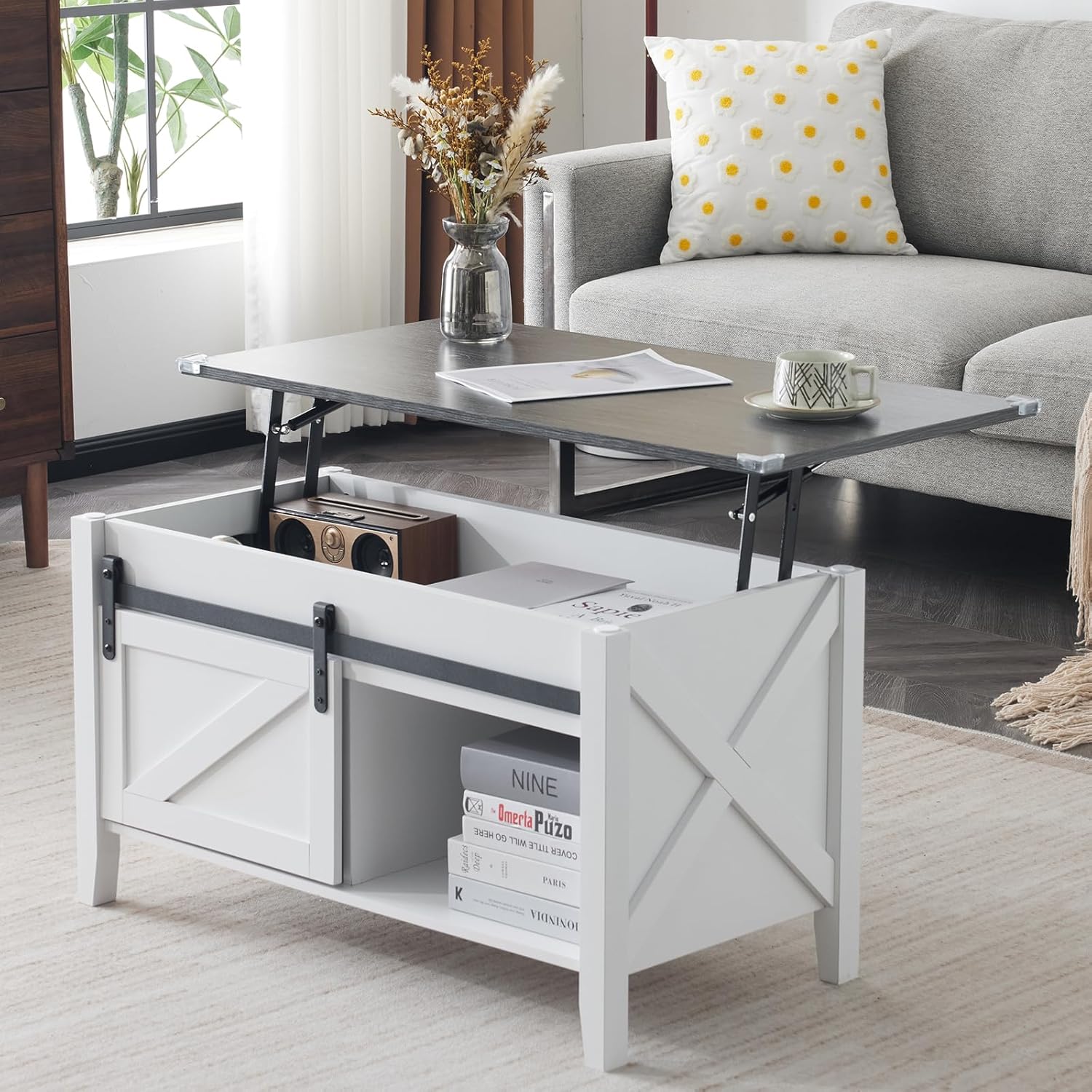 36-Inch Lift-Top Coffee Table with Hidden Storage and Sliding Barn