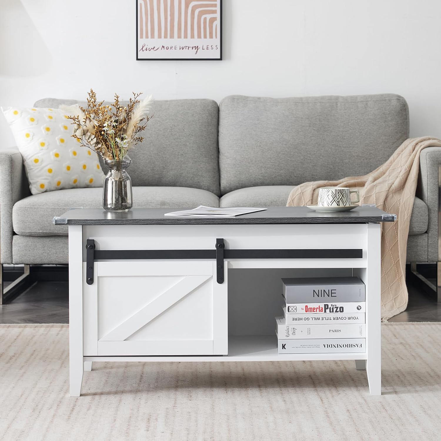 36-Inch Lift-Top Coffee Table with Hidden Storage and Sliding Barn