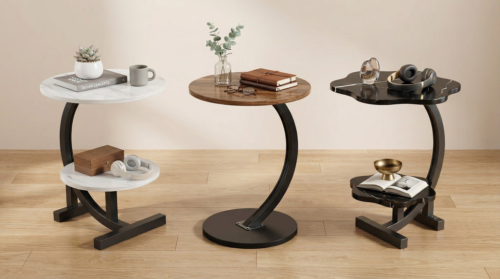 Modern Round Side Table with Wrought Iron Base for Living Room
